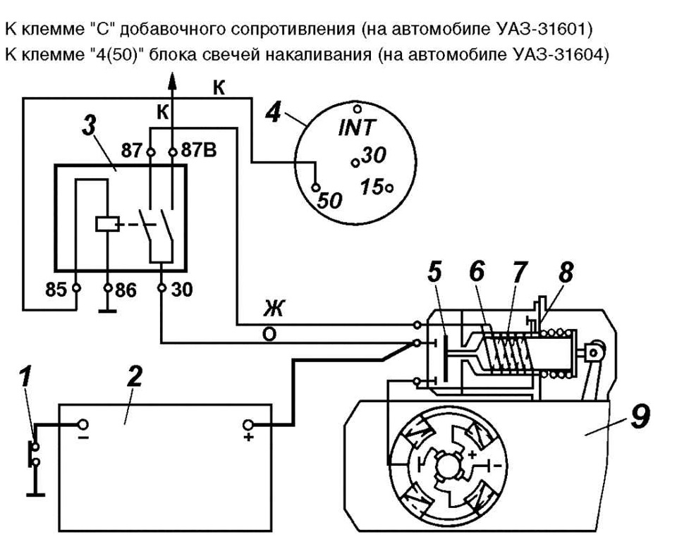 Как подключить реле стартера на уаз 469